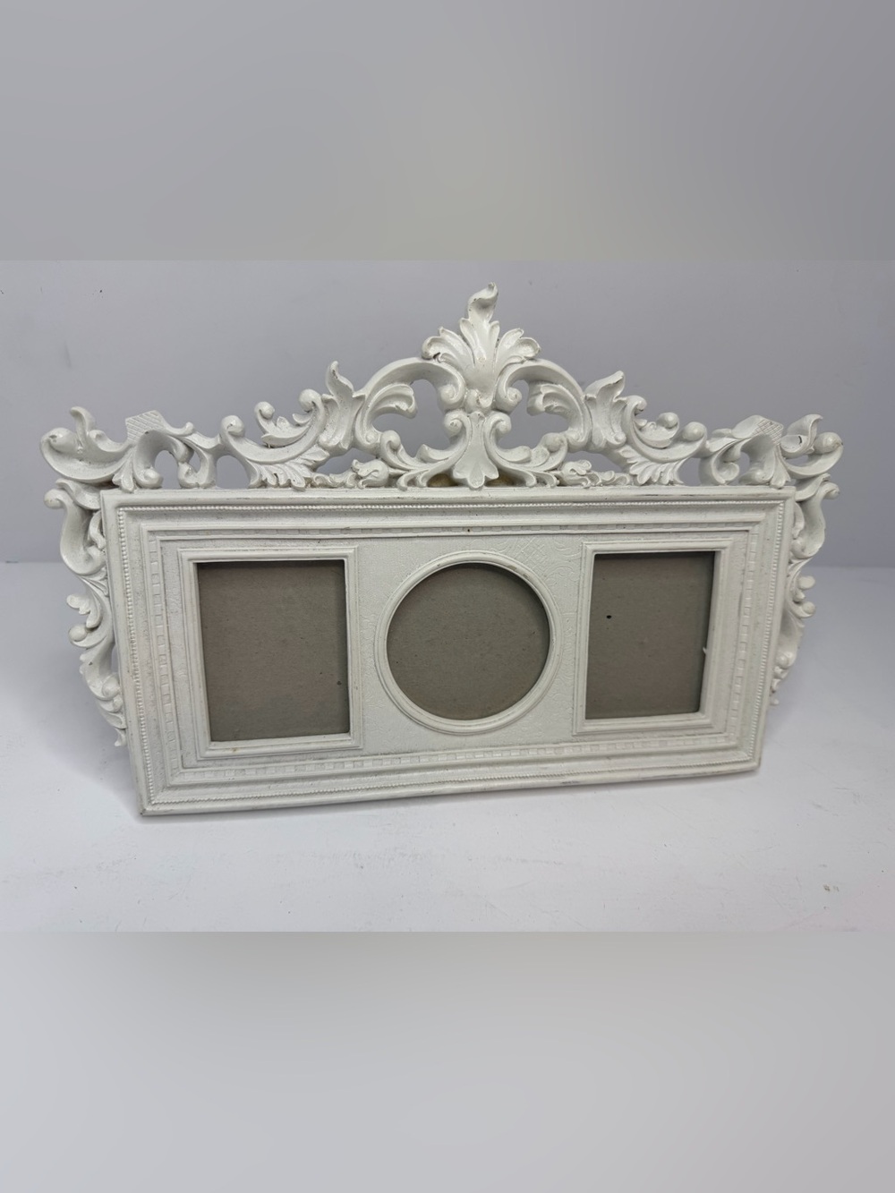 White Resin 3-Photo Frame Ornate Scroll Top 13371-WH Vintage Shabby Chic